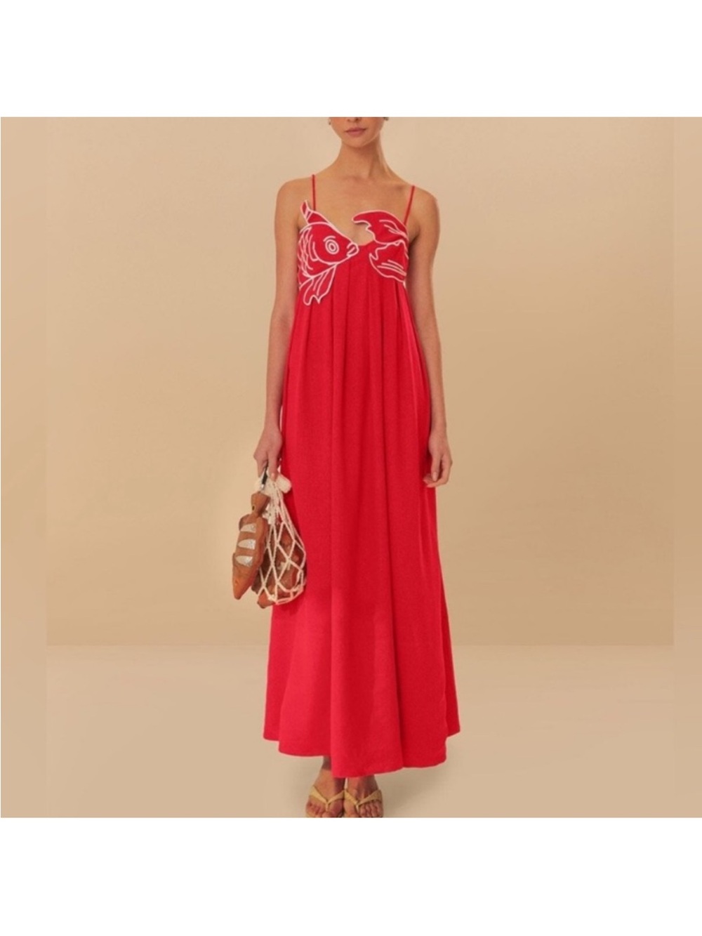 COMMENSE Red White Fish Cotton Midi Maxi Dress NWT